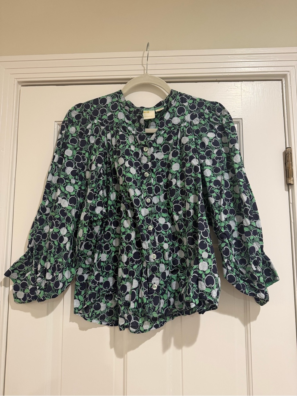 Anthropologie Navy, Green and White Printed Peasant Blouse
